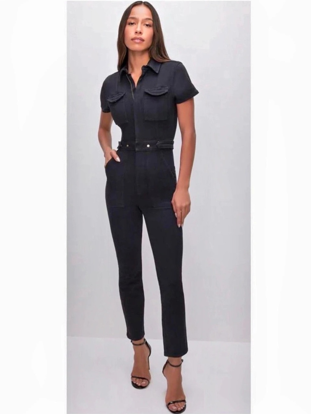 Good American The Fit For Success Short Sleeve Jumpsuit Black Small